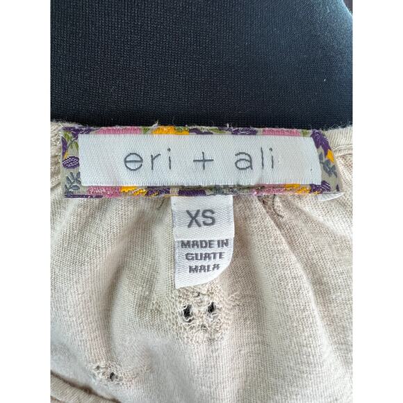 Eri + Ali  Top Beige Pointelle Knit Crochet V-Neck Long Bell Sleeve Boho Top XS - Picture 8 of 10